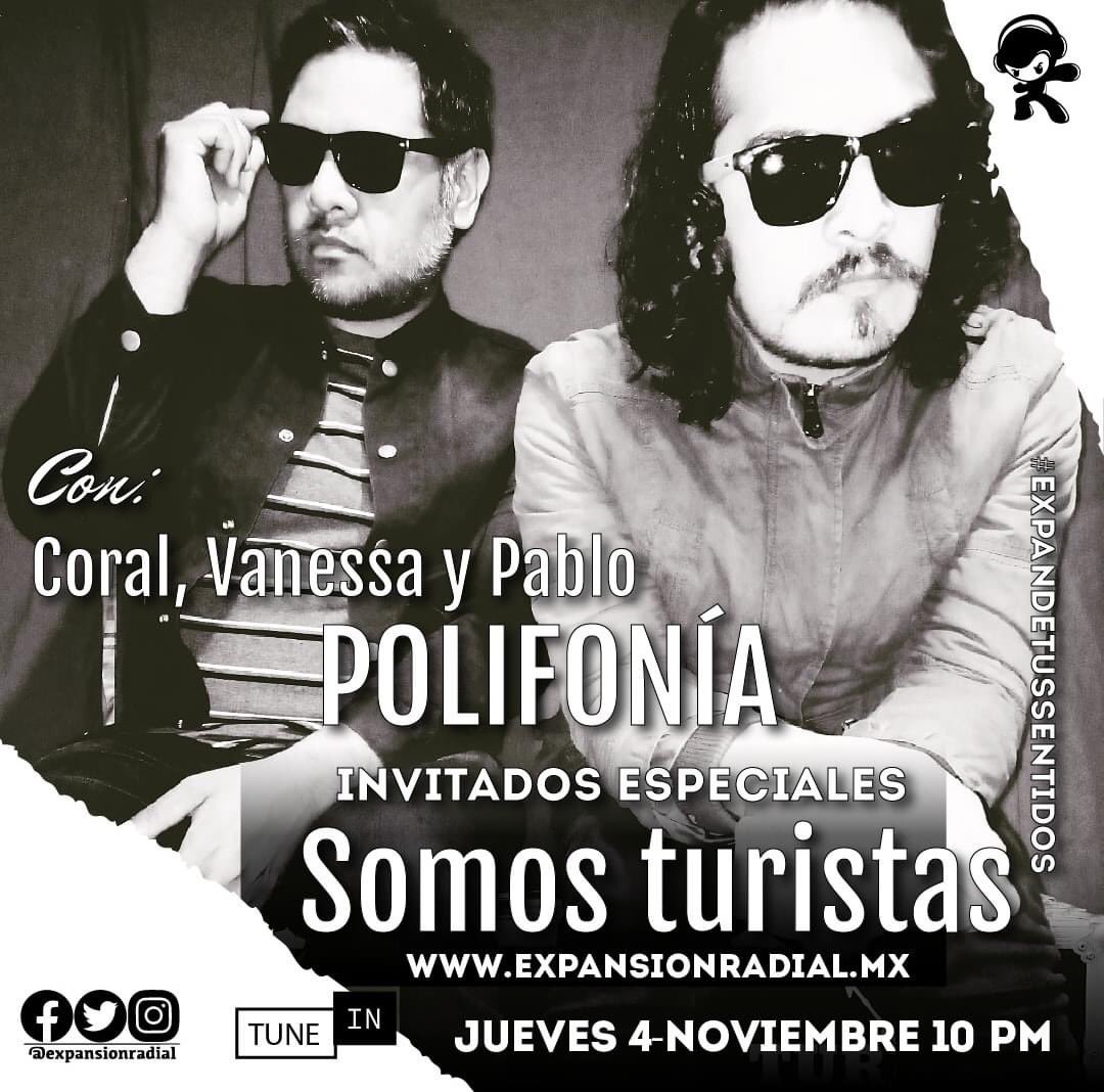 Expansión Radial (@expansionradial) on Twitter photo Conéctate y escucha las mejores bandas emergentes en #Polifonia
🎙conduce #Coral, #Vanessa
Invitados: <a href="/somosturistasmx/">Somos Turistas</a> 🎸
Jueves 10pm #mex | 11pm #col
📲expansionradial.mx
Tune In & Apple Music.
#ExpandeTusSentidos #radio Conéctate y escucha las mejores bandas emergentes en #Polifonia
🎙conduce #Coral, #Vanessa
Invitados: <a href="/somosturistasmx/">Somos Turistas</a> 🎸
Jueves 10pm #mex | 11pm #col
📲expansionradial.mx
Tune In & Apple Music.
#ExpandeTusSentidos #radio
