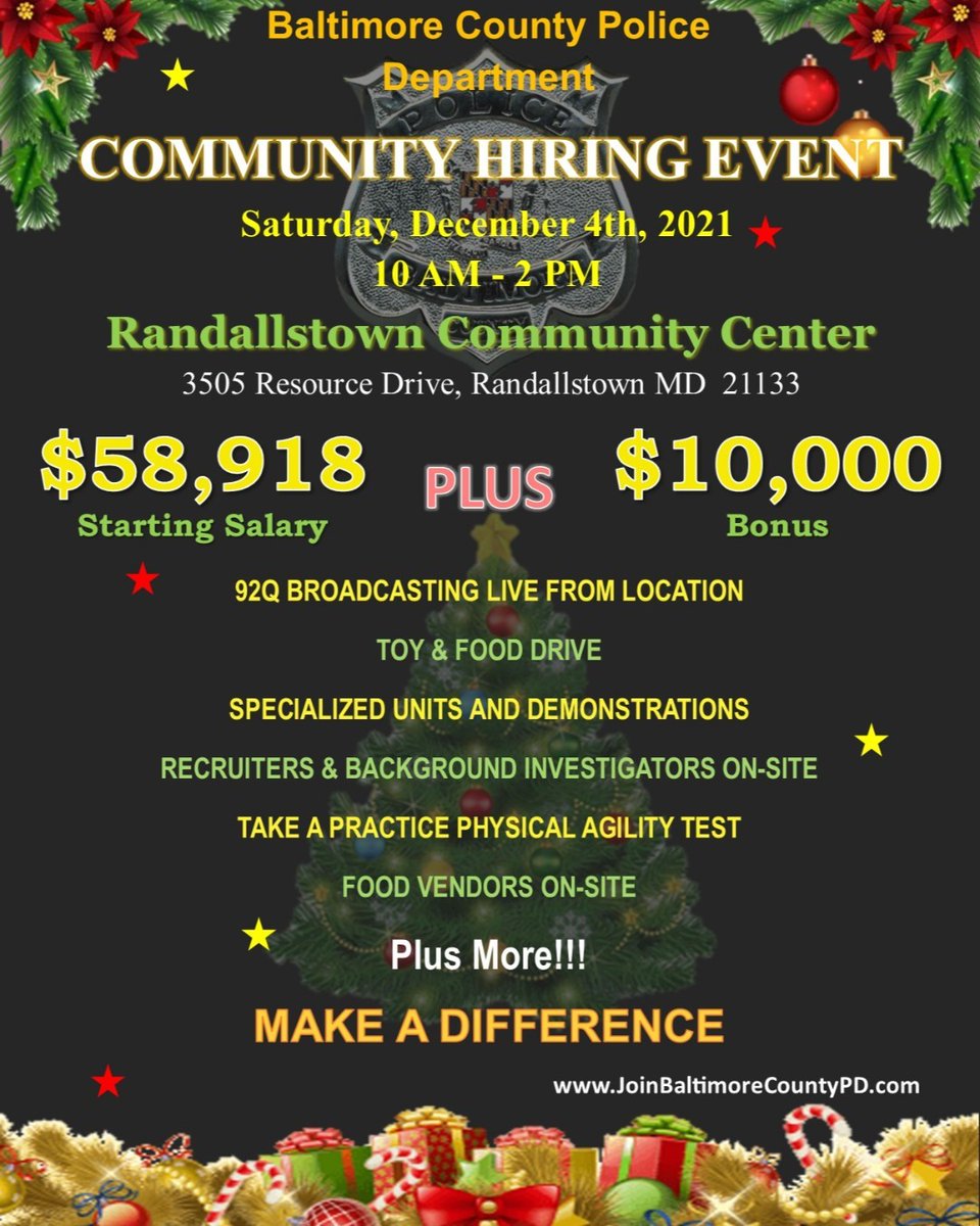 BaltCoPolice's tweet photo. 📣Join us for our next Community Hiring Event that has been scheduled for 📅Saturday, December 4, from 10am-2pm at the Randallstown Community Center located at 3505 Resource Dr. 21133.
#BCoPD #communityhiringevent #policehiringevent https://t.co/S2nE66P0JK