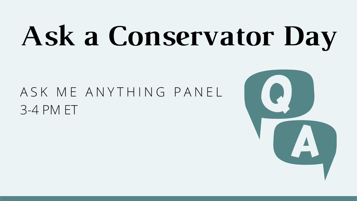 conservators's tweet image. It's time ⏰! Our panel, @NailsRToolsToo, @MarianaDGiacomo, @artifactconserv, @mkpreventive, @Kw33n5uzicus, @cristalyze, @saruzza, is standing by, waiting to answer questions! We've also gathered several anonymous questions &amp;amp; will be answering as many as we can! #AskAConservator