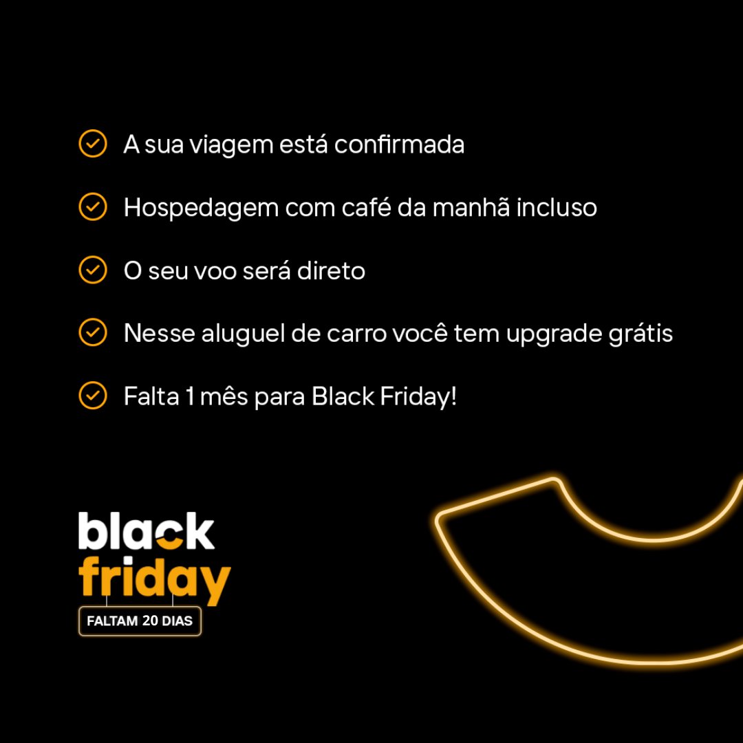 20 DIAS! Estamos em ritmo de #BlackFriday por aqui! 🤑 Prepare-se para os melhores descontos do ano. Para não perder nenhuma oferta é só ficar de olho na área especial da Black Friday em nosso site: rentcars.com/pt-br/blackfri… 

Boa viagem! 🚗💨