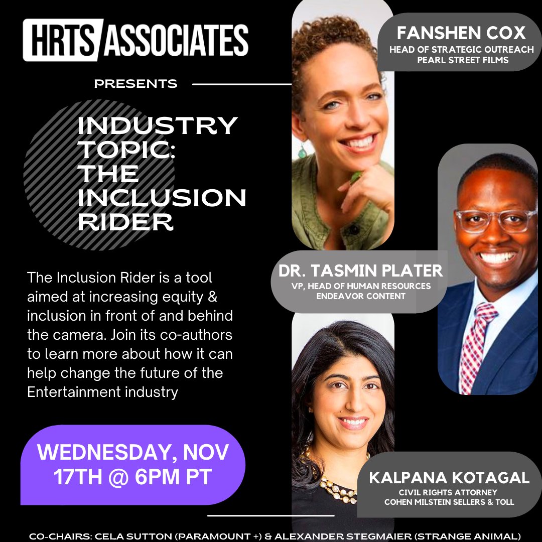 HRTSAssociates's tweet photo. Don't miss out! The Co-authors of The Inclusion Rider are sitting down with us to discuss how it can help change the future of our industry!

LINK TO REGISTER: https://t.co/PZaaYbdIPt

#HRTS #HRTSAssociatesLA #InclusionRider #Diversity #film #entertainment #Radio #ChangeHollywood https://t.co/Zau6mgUlin