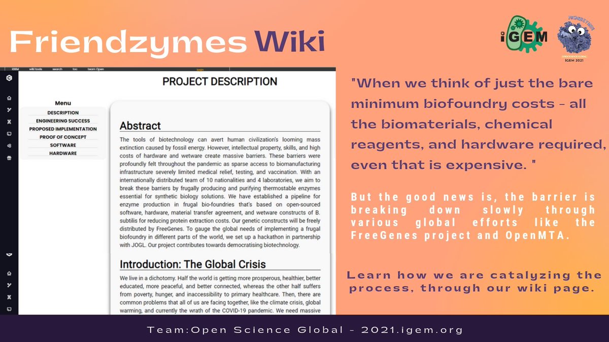Are you curious about Friendzymes project and want to know more about our <a href="/iGEM/">iGEM Headquarters</a> journey? 
Click on the wiki link to learn more about us. 
2021.igem.org/Team:Open_Scie…
#igem #iGEM2021 #wiki #synbio #biotech