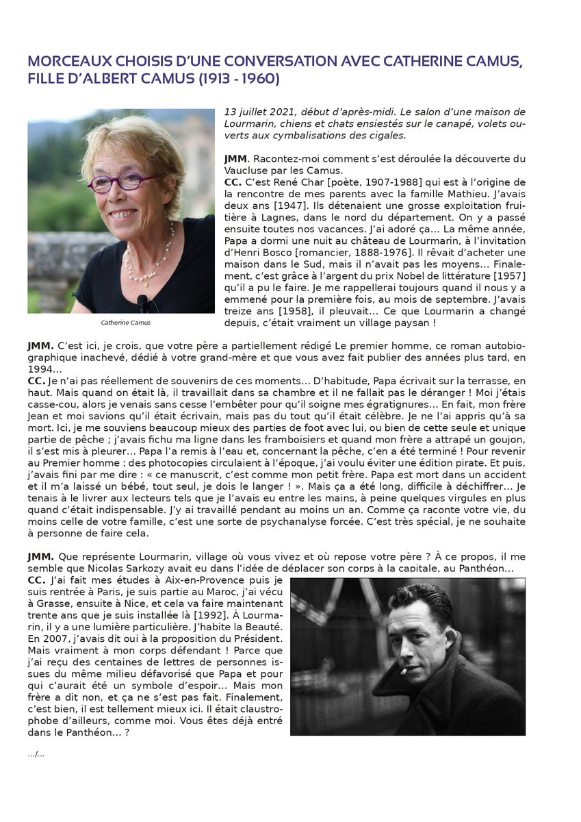 JMassonMourey's tweet photo. Catherine, Camus et le Vaucluse - "Pertuis en Héritage" n°24. Morceaux choisis d'un entretien en juillet dernier à Lourmarin, volets ouverts aux cymbalisations des cigales, chiens et chats ensiestés sur le canapé du salon... #albertcamus #provence #litterature https://t.co/plZxIuTcrs
