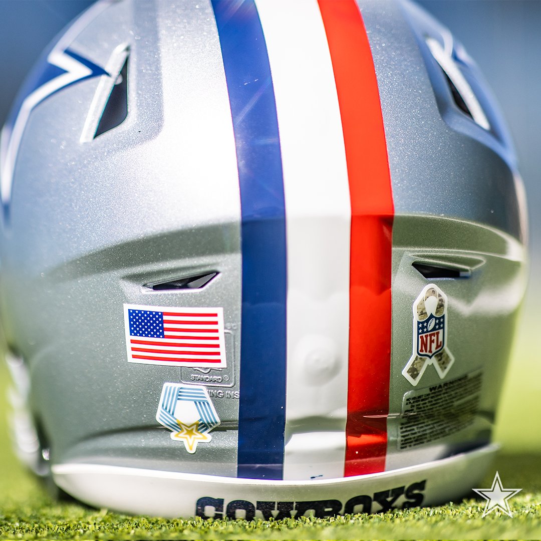 dallascowboys's tweet photo. Red, White &amp; Blue ...🏅

Take a closer look at the #DallasCowboys' helmet for Sunday's game with the Broncos, in honor of the National Medal of Honor recipients.

@MohMuseum | #SaluteToService https://t.co/WDivKNm3FI