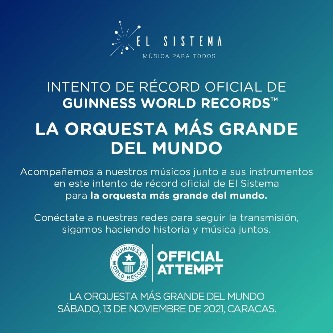 elsistema's tweet photo. Nos acercamos a reunir al país en torno al INTENTO DE RÉCORD OFICIAL DE GUINNESS WORLD RECORDS™ (@gwr_es) la orquesta más grande del mundo, emblema de la música como cultura de Paz.

Somos creadores de sueños. Nuestro espíritu, nuestra naturaleza luchadora https://t.co/Pprjznh5M8