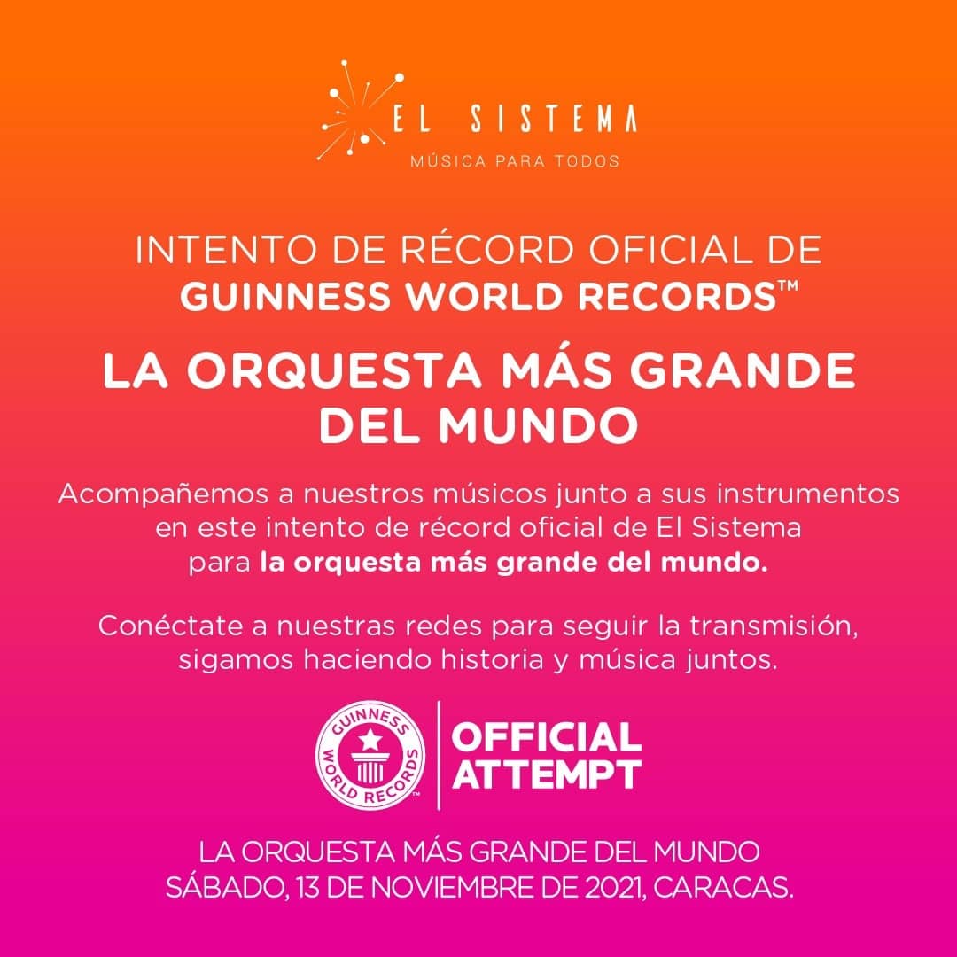 elsistema's tweet photo. Nos acercamos a reunir al país en torno al INTENTO DE RÉCORD OFICIAL DE GUINNESS WORLD RECORDS™ (@gwr_es) la orquesta más grande del mundo, emblema de la música como cultura de Paz.

Somos creadores de sueños. Nuestro espíritu, nuestra naturaleza luchadora https://t.co/Pprjznh5M8