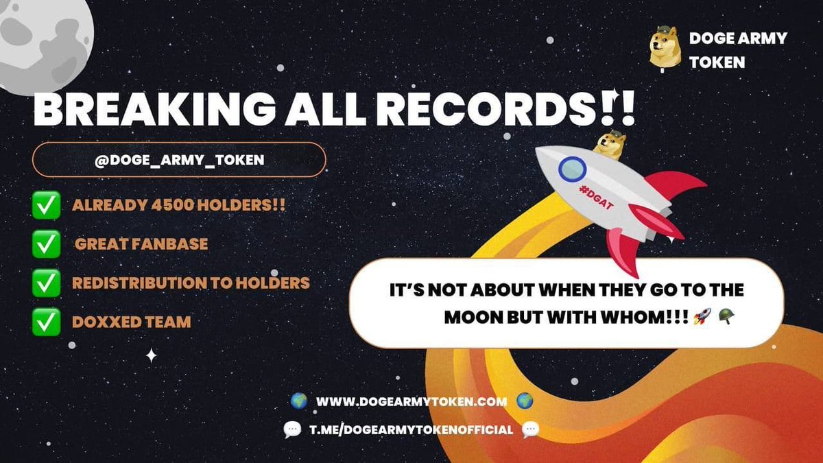 @CryptoGodJohn 🚀 @Doge_Army_Token 🚀 DGAT 🔥 Already 5X in 4 days, high chance to the moon 🔥 pancakeswap.finance/swap?outputCur… ➤ CoinMarketCap Listed! ➤ CoinGecko Listed! ➤ Doxxed Audit! dogearmytoken.com ➤ 25% Burn ➤ 2% Giveaways ➤ 2% Redistribution twitter.com/Doge_Army_Token