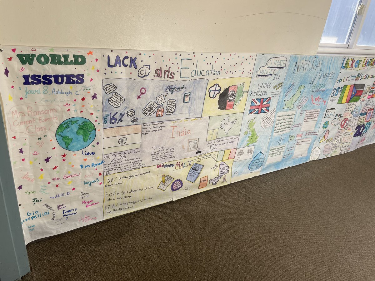 QMS_CurrEvents's tweet photo. We started hanging these works of art! The blue teamers showed off some excellent cooperative learning skills while making these murals. #qmsrocks https://t.co/f7yWEDV2AQ