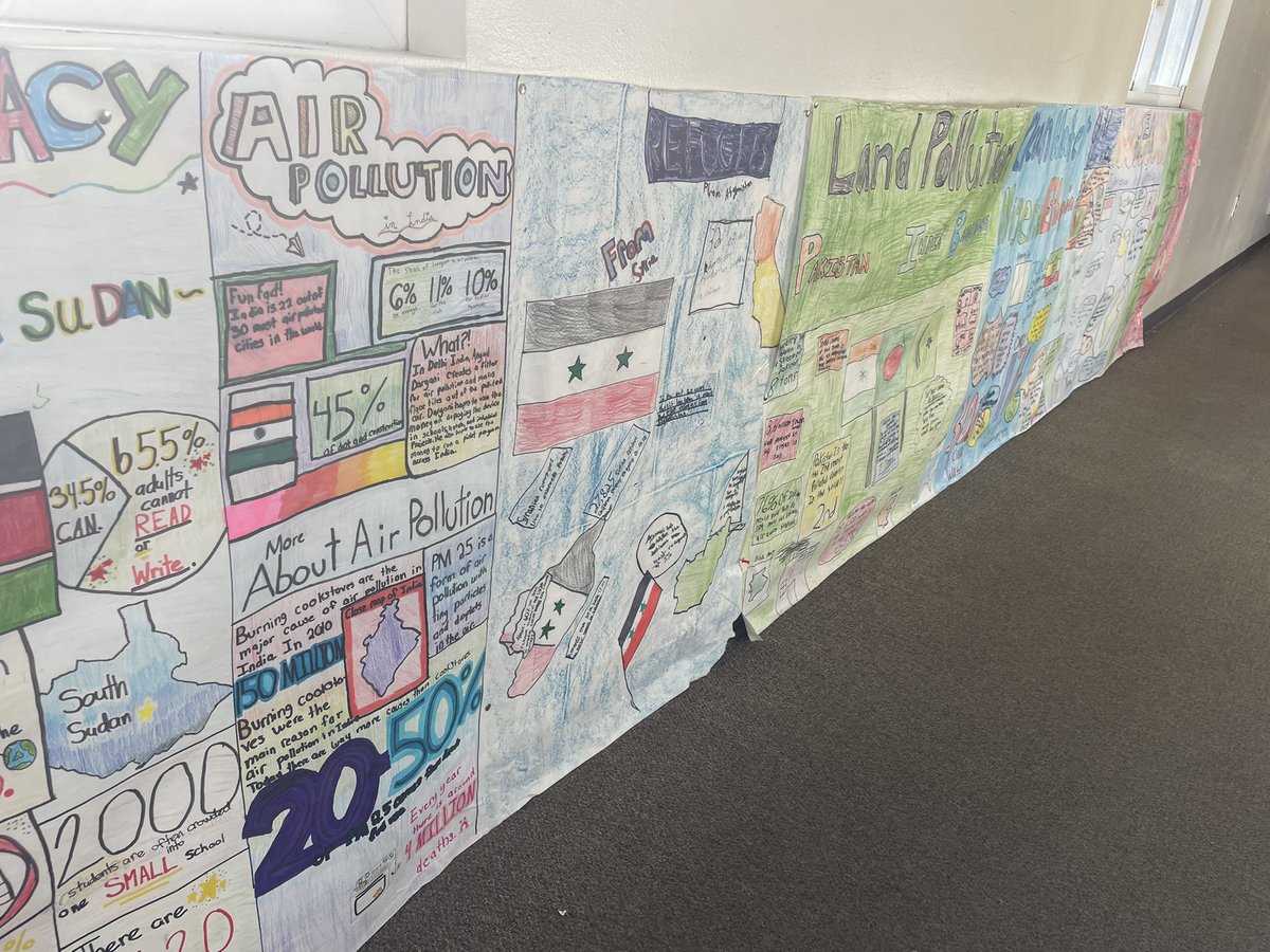 QMS_CurrEvents's tweet photo. We started hanging these works of art! The blue teamers showed off some excellent cooperative learning skills while making these murals. #qmsrocks https://t.co/f7yWEDV2AQ