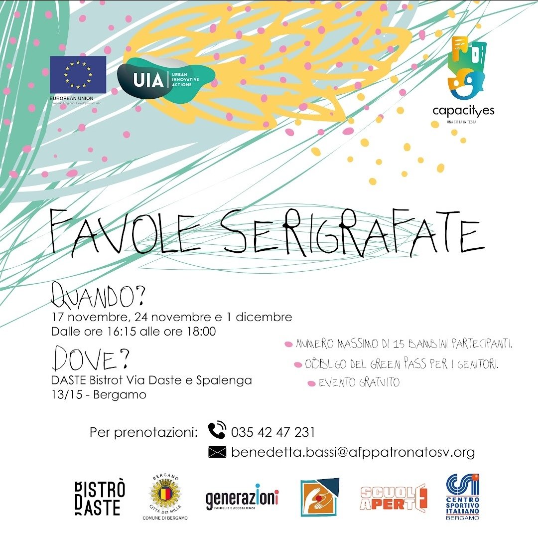 DFormazione's tweet photo. Laboratorio "Favole Serigrafate" a Bergamo. Dedicato ai bambini dai 3 ai 6 anni. Iniziativa finanziata all'interno del progetto @capacityesbergamo #laboratorio #Bergamo #capacityes #capacityesbergamo #unacittàintesta https://t.co/ElpNqtlBxu