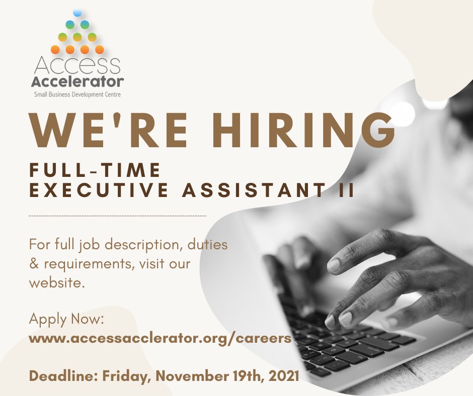 SBDCBahamas's tweet photo. We're looking for a Full-time Executive Assistant II.
For job description, qualifications & to apply now visit🔗 https://t.co/gOoBnCyzvM
Deadline: Friday, November 19, 2021, at 5PM.
#Hiring #jobapplication #jobopportunity #AccessAccelerator https://t.co/a77jggJu30