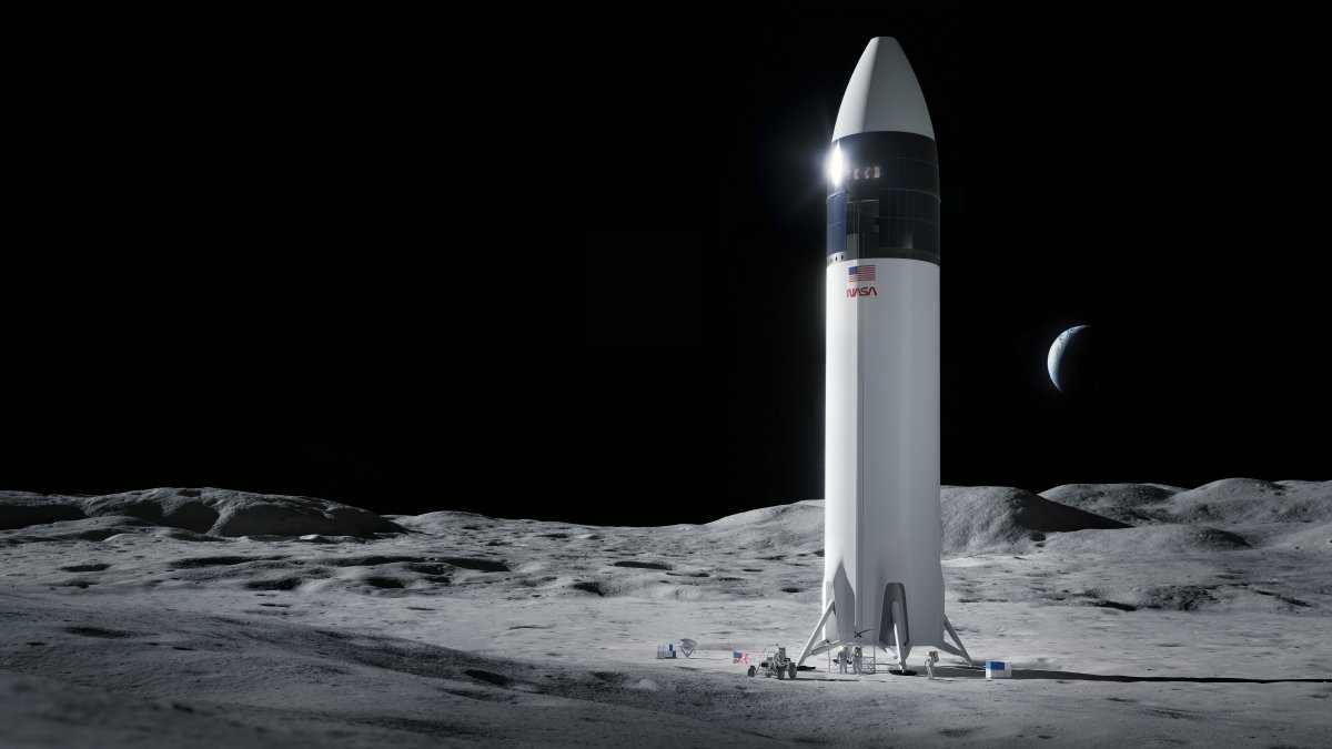 The SpaceX Starship human lander on the Moon. 