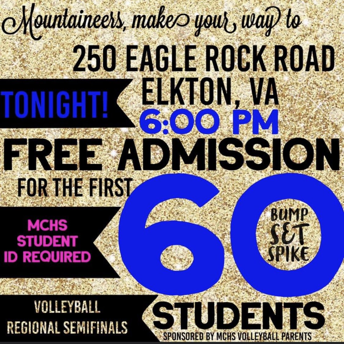 Free admission to the first 60 MCHS students who show ID at the semi-final regional game at East Rockingham tonight! Game starts at 6:00 pm so arrive early!