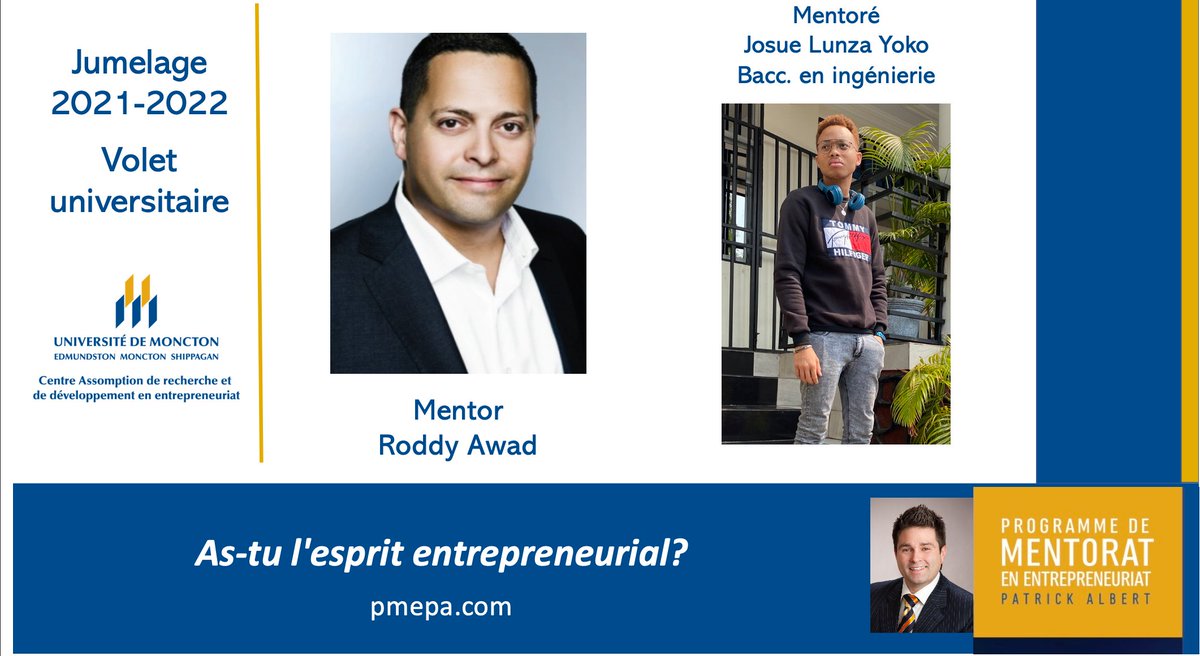 Le CARDE désire prendre un moment pour remercier les mentors du PMEPA. Les étudiantes et étudiants peuvent toujours compter sur eux d'année en année.

Aujourd'hui, le CARDE a le plaisir de vous présenter <a href="/RoddyAwad/">Roddy Awad</a> de @TKS_Canada et Josue Lunza Yoko. 

Bonnes discussions!