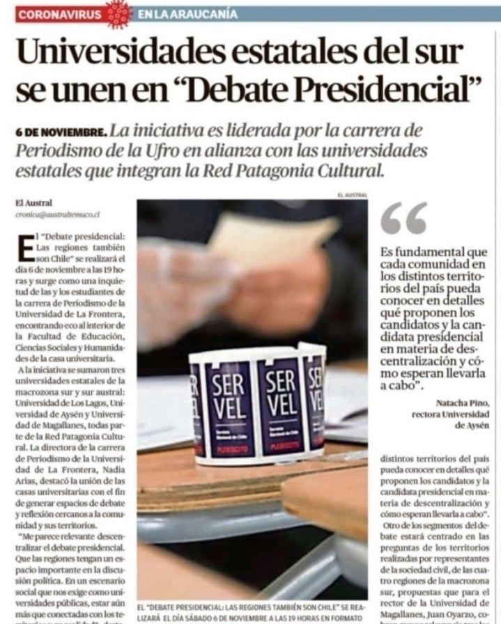 Estamos a días de nuestro primer debate, histórico en las universidades públicas del sur de Chile. Estarán <a href="/gabrielboric/">Gabriel Boric Font</a> <a href="/marcoporchile/">Marco Enríquez-Ominami</a> <a href="/artes_oficial/">Eduardo Artés #Artés2026</a> <a href="/Parisi_oficial/">Franco Parisi</a> <a href="/ProvosteYasna/">Yasna Provoste Campillay</a> <a href="/sebastiansichel/">Sebastián Sichel</a>  
* <a href="/joseantoniokast/">José Antonio Kast Rist 🖐️🇨🇱</a>  no nos ha confirmado, pese a reiteradas invitaciones