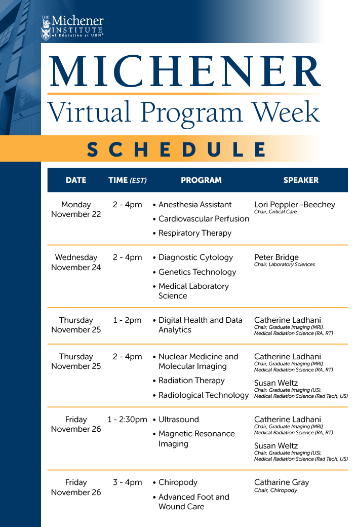 Our 2022 Virtual Program Week is an easy and convenient way to learn more about careers in health care, our services, the Michener advantage and more. Connect via Zoom with program faculty, attend interactive sessions and take a virtual campus tour! --> bit.ly/3k6MGtu
