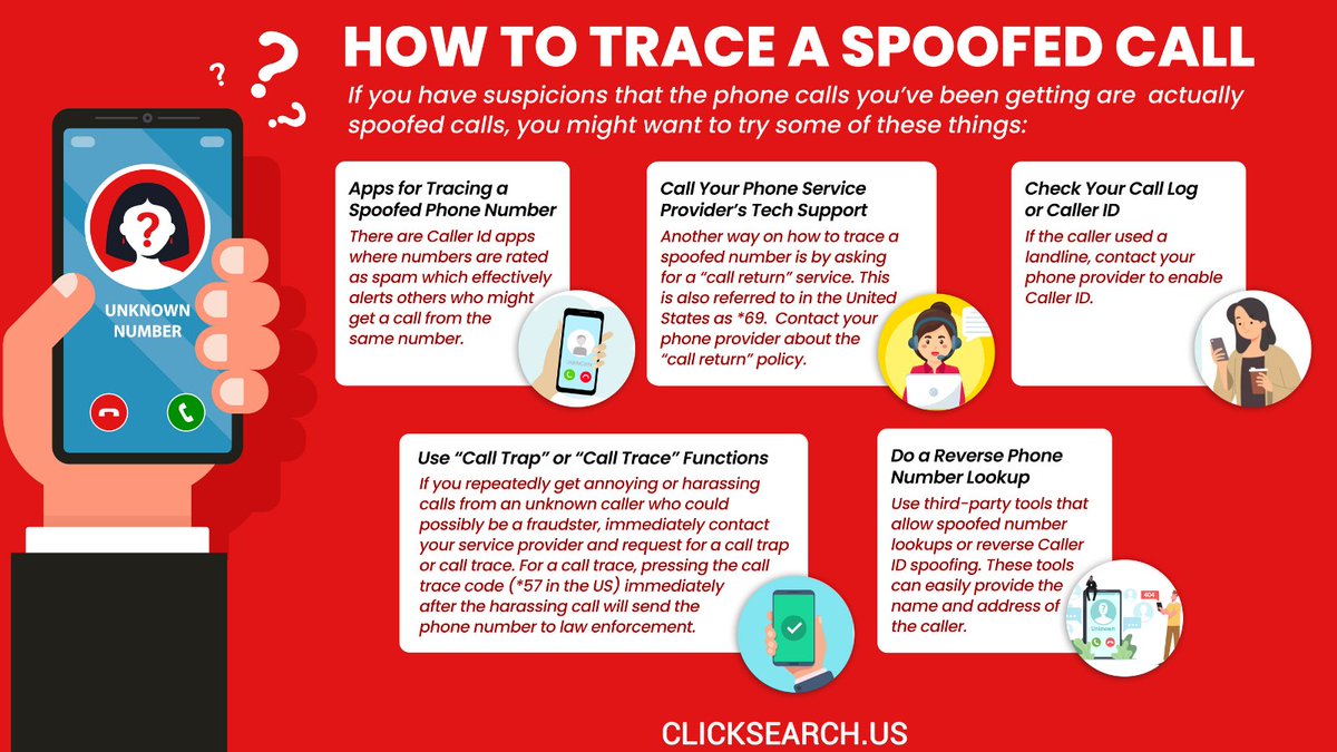 ClickSearches's tweet image. Make sure you know these methods to trace a spoofed phone call. Stop those unwanted calls today and eliminate those spam calls for good. ClickSearch can help you find out everything you need to know about a phone number!📱

#phonecall #phonelookup #cellphonetips #phonenumber