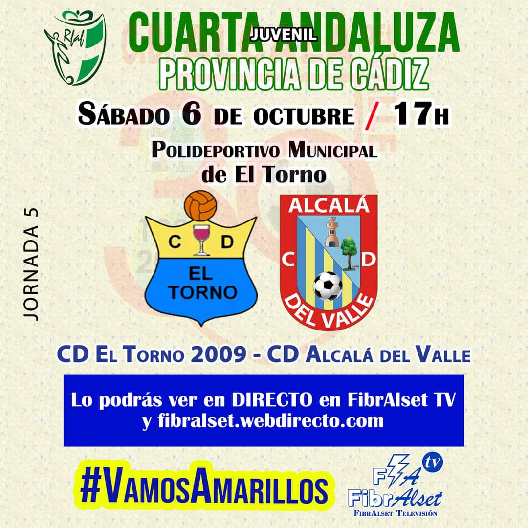 #FÚTBOL.-
Este sábado 6 de noviembre, a las 17h, estaremos en DIRECTO para ofrecer el encuentro de la 4ª Andaluza por Cádiz entre los equipos Juveniles de CD El Torno y CD Alcalá del Valle.
En FibrAlset TV y en fibralset.webdirecto.com, nuestro canal online. <a href="/CDTORNO09/">C.D. El Torno 2009</a>