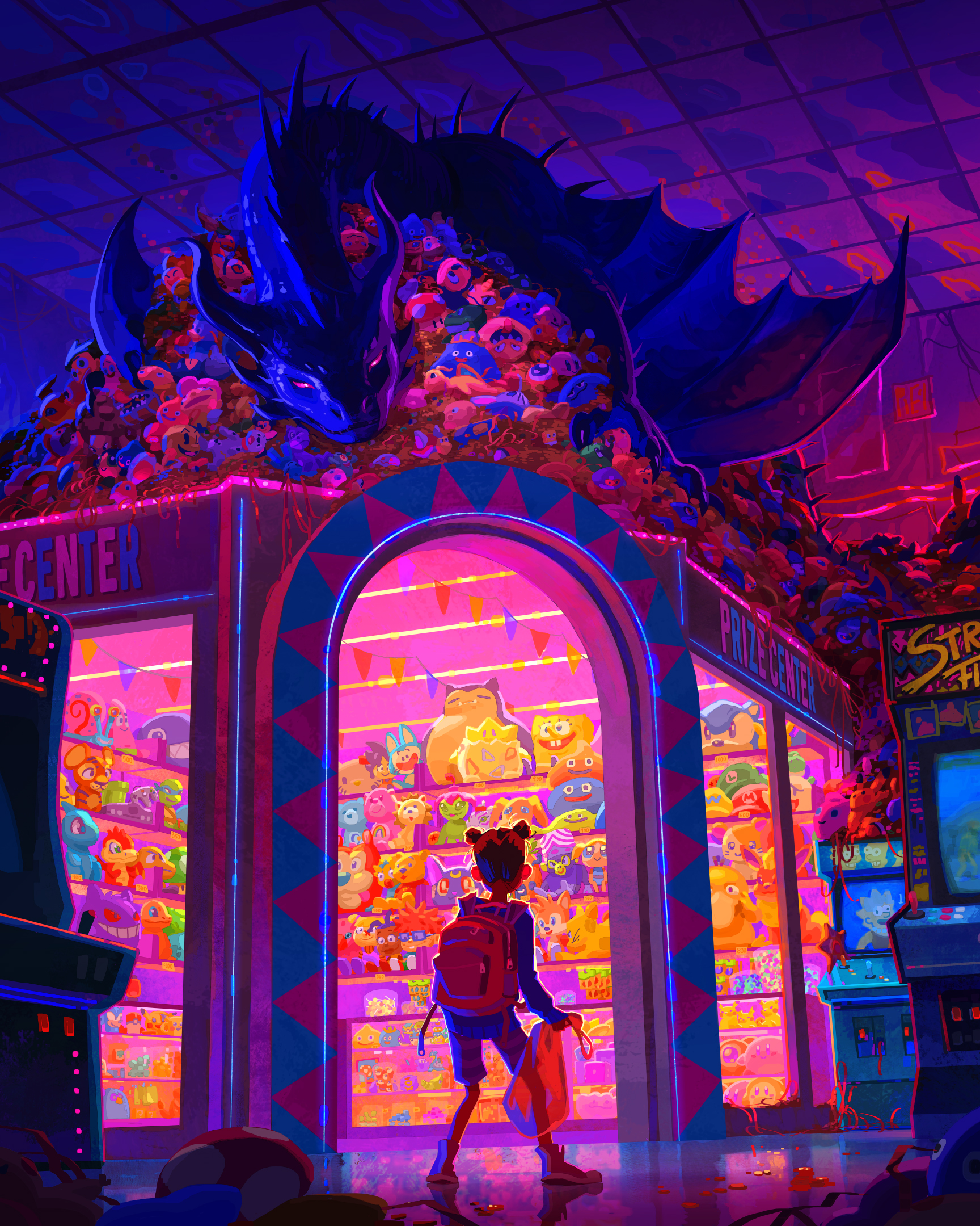 A girl with two buns in her hair stands in front of an arcade prize counter. A black dragon, lit with purple, is curled up on top of the prize counter on top of a massive pile of arcade toys.