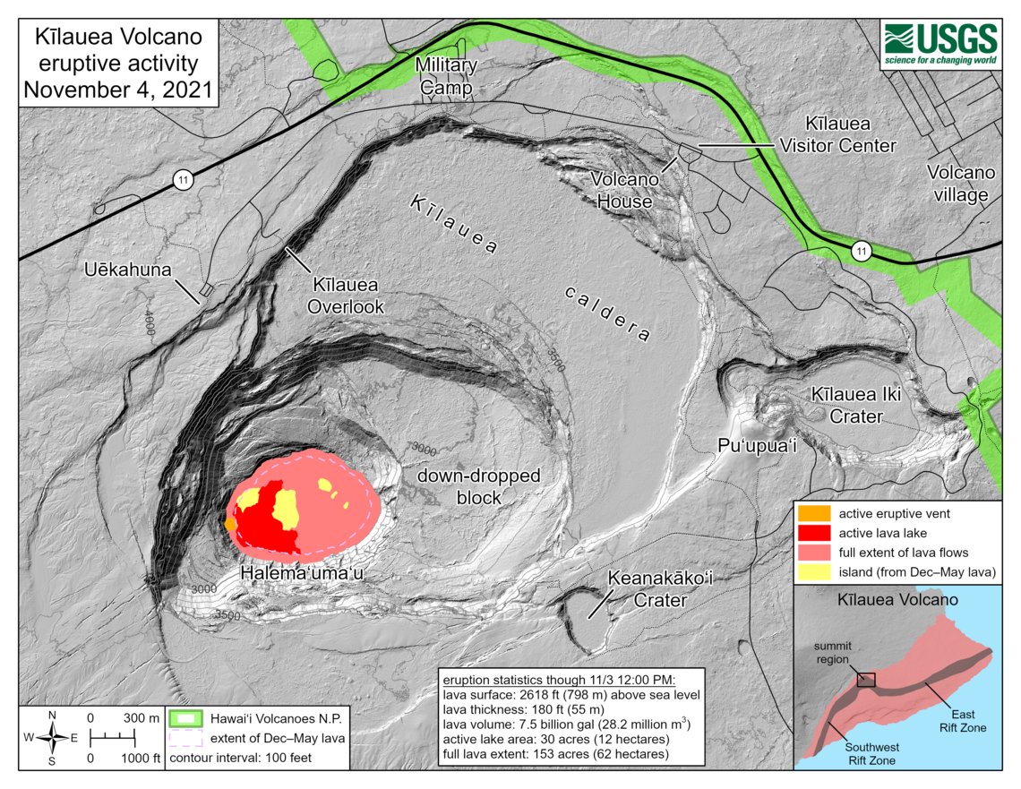 KilaueaEcoGuide's tweet photo. New reference map of Kīlauea summit eruption!

Some impressive numbers - the top of the lava lake is now 55m (180ft) thick. Total volume is estimated to be over 28 million cubic meters (7.5 BILLION Gallons) and 62 hectares (153 acres) in total surface area. 

#kilauea #hawaii #HI https://t.co/grSDlSN50O