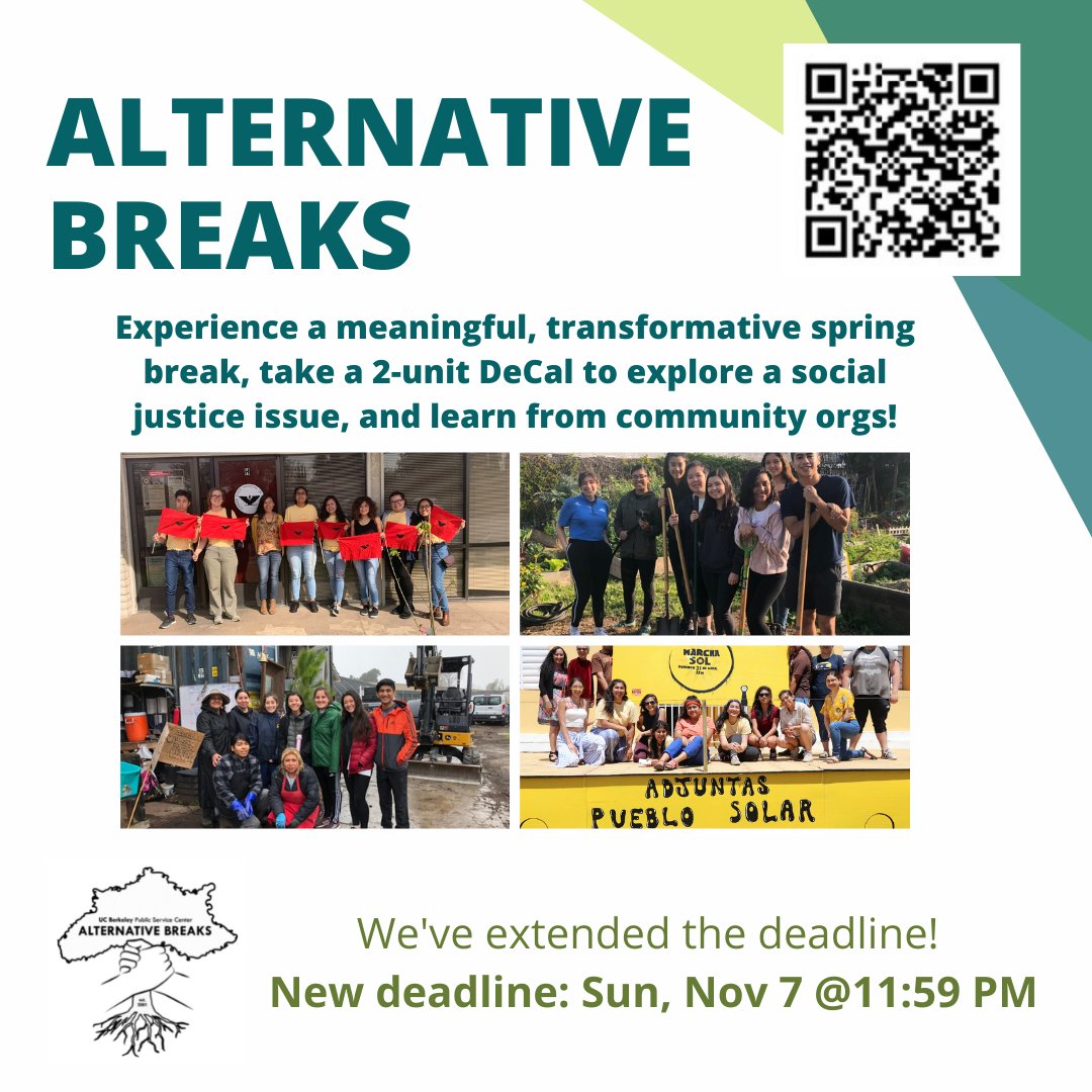 BerkeleyLCOEBH's tweet photo. The deadline to apply for Alt Breaks has been extended!! Applications now due Sunday, November 7 at 11:59pm. See the flyer for all of the details on this great opportunity. https://t.co/IhTc4rFqO3