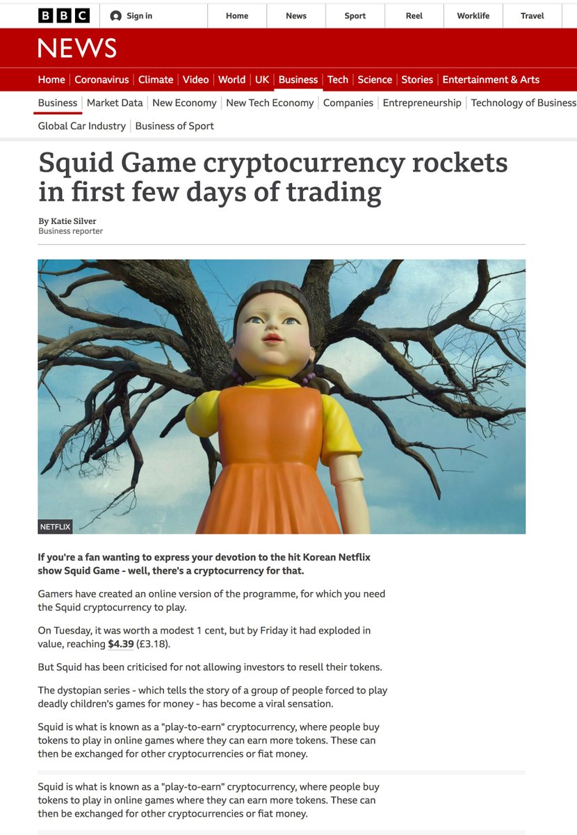 JamesAme72's tweet photo. BBC Business helps 1000's of people get scammed by running business article on Squid Game shitcoin. You couldn't make it up... #bbc #squidgame #token #scam #rugpull #crypto #bbcbusiness #shockingreporting https://t.co/hEJ4rKkpUE