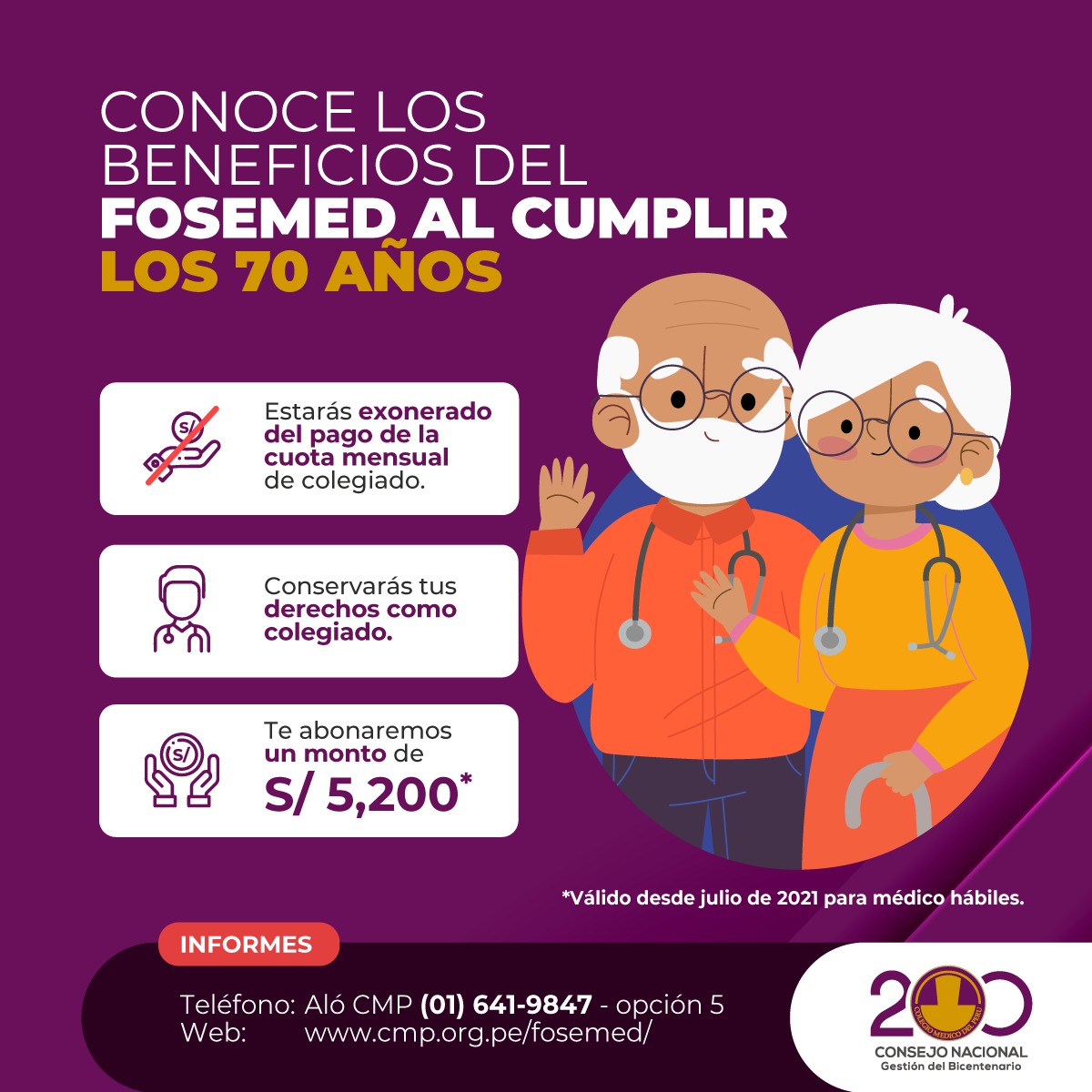 CMP_PERU's tweet photo. ⚕️ #FOSEMED | Médico colegiado si ya vas a cumplir 70 años, recuerda que puedes acceder a los siguientes beneficios:
📌 Exoneración del pago de la cuota
📌 Conservación de tus derechos
📌 Abono de S/ 5,200
Informes👉https://t.co/FAbCUut8VQ 🩺👨🏻⚕️👩🏻⚕️
#CMP #GestiónDelBicentenario https://t.co/tQuWz28Okk