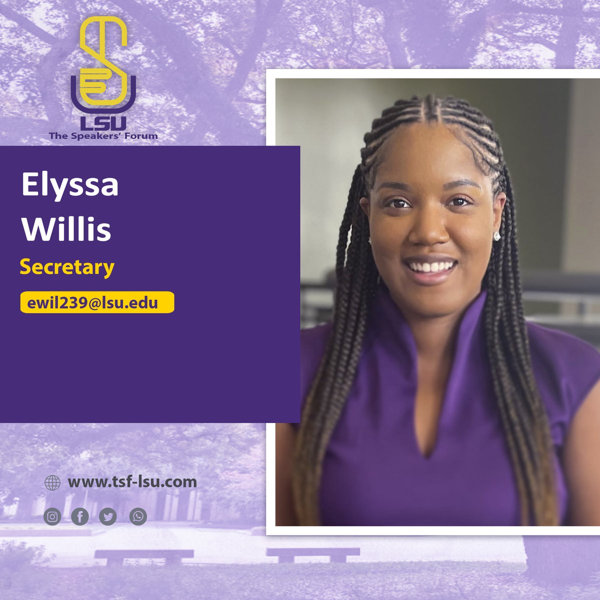 TSF_LSU's tweet photo. Meet our new Secretary Miss Elyssa Willis! Elyssa is a first-year graduate student in the E.J Ourso College of Business studying Public Administration. Elyssa’s mission is to form unity, educate, and gain public interests. Welcome aboard! #geauxtigers #teamwork @elyssawillis https://t.co/C12QYk1Qy1