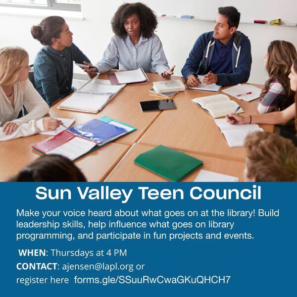 SunValleyBranch's tweet photo. Sun Valley teens join us today 11/4 at 4 pm for our weekly teen council meeting. Build leadership skills, help influence what goes on library programming, and participate in fun projects and events!  Email ajensen@lapl.org for an invite or register here: https://t.co/vMbW3paGLM https://t.co/kTOsxVKfXd