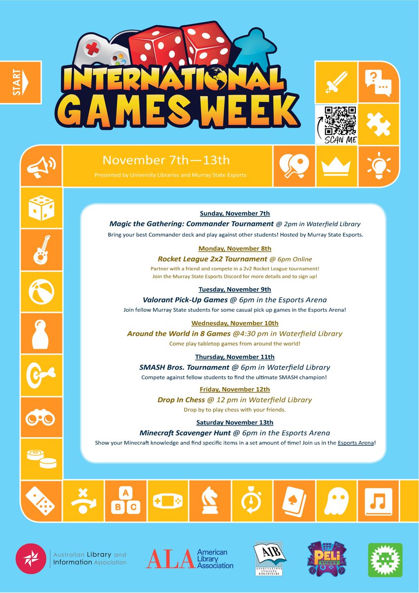 MurrayStateLibs's tweet photo. International Games week is just around the corner and we can't wait! This year, the schedule is FULL! Be sure and stop by Waterfield on Wednesday afternoon! Don't miss out on all the fun! #InternationalGamesWeek #Waterfieldlibrary #esports #videogames #boardgames #cardgames https://t.co/9u4UVvHmAn