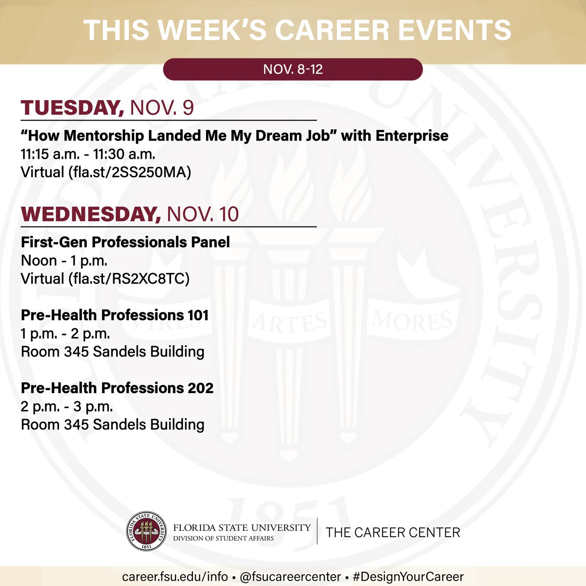 FSUCareerCenter's tweet photo. We have a few career events coming up this week including a 15-minute mentorship session with Enterprise and a First-Gen Professionals Panel in partnership with @CARE_FSU! #FGENweek #DesignYourCareer
Event details & full calendar: https://t.co/u5rJWU6N0y https://t.co/XyvDftRRcc