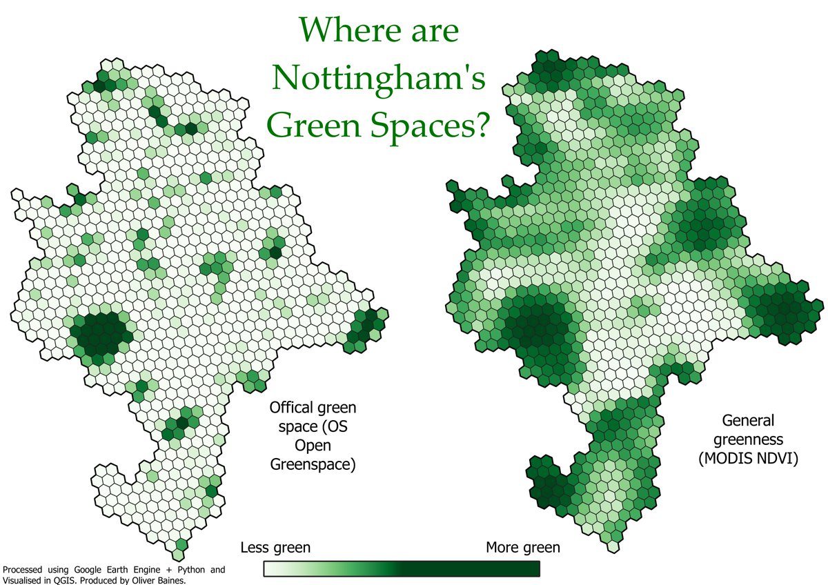 #30daymapchallenge | Day 4: Hexagons

My first ever contribution! Where are Nottingham's green spaces? 

Official greenspace versus overall 'greenness' 🌳🏞️ 

Processed using Python + GEE 🐍
Visualised with QGIS 🌎

Data: OS Open Greenspace + MODIS data