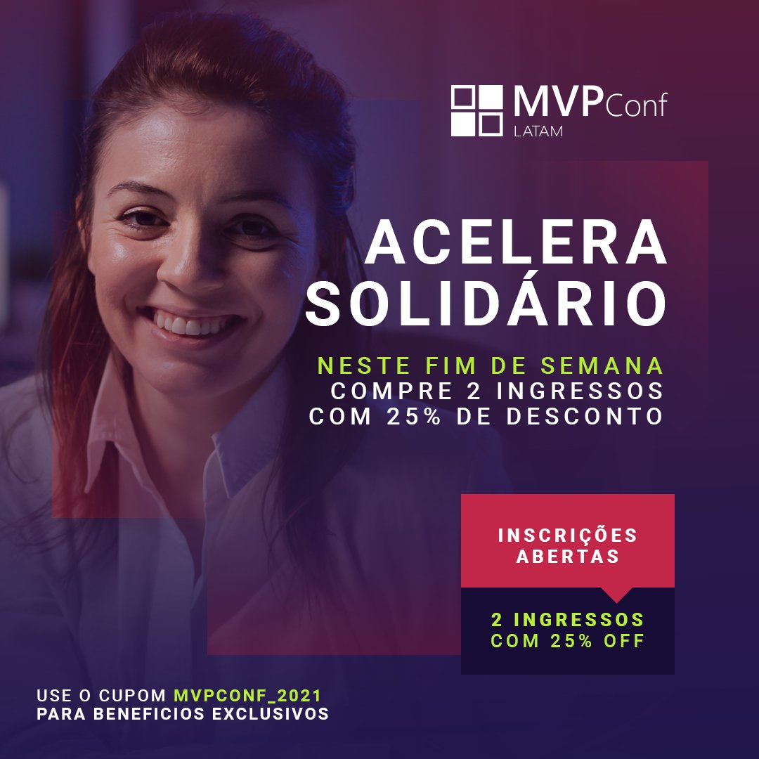 MVPConference's tweet photo. Quer garantir 2 ingressos para o MVPConf 2021 com desconto e ainda ajudar Instituições de Caridade? Essa é sua chance 😃
Garanta 2 ingressos com 25% de desconto por tempo limitado e faça parte dessa ação 👊
#MVPConf2021 #MVPBuzz #FASAmazonia #EuCuidoDaAmazonia https://t.co/wJjp3iIme3