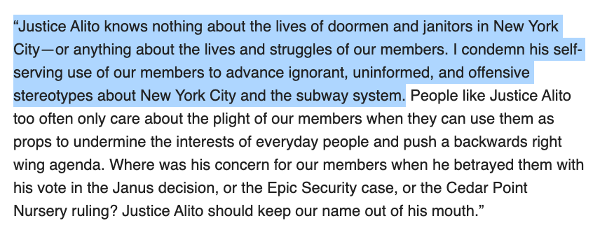 greenhousenyt's tweet photo. Kyle Bragg, the president of New York City's giant union of janitors &amp; doormen, @32BJSEIU, slams Justice Alito, saying Alito not only  "ignorant" and "uninformed" about workers and their lives, but has repeatedly betrayed the interests of workers. https://t.co/lBCYRb9iAU