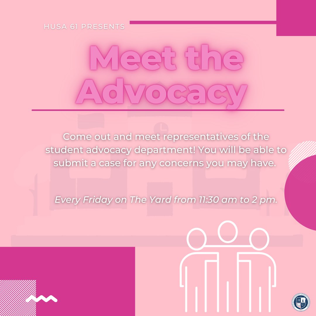 HUSAssociation's tweet photo. In an effort to create an open forum to express student concerns, HUSA’s Student Advocacy Department is hosting office hours on The Yard.

Starting TOMORROW from 11:30 a.m. - 2 p.m. students will have the opportunity to meet student leaders and report any issues. See you there! https://t.co/Gf1f3UoCVt