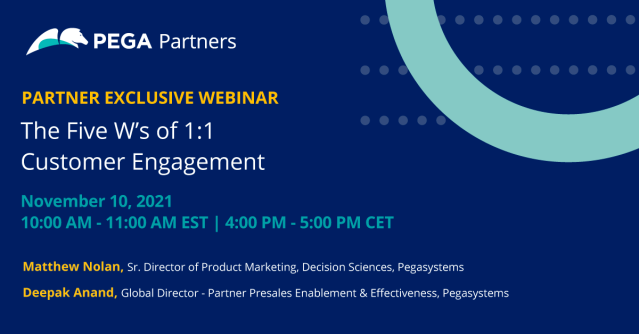 derekreesenyc's tweet photo. join us on Nov 10th to hear how The Five Ws of 1:1 Customer Engagement can help you solve your client’s business problems to drive successful outcomes fast. Register today! #PegaPartners https://t.co/PJoK3AzvPi https://t.co/oy5QOMLMmA