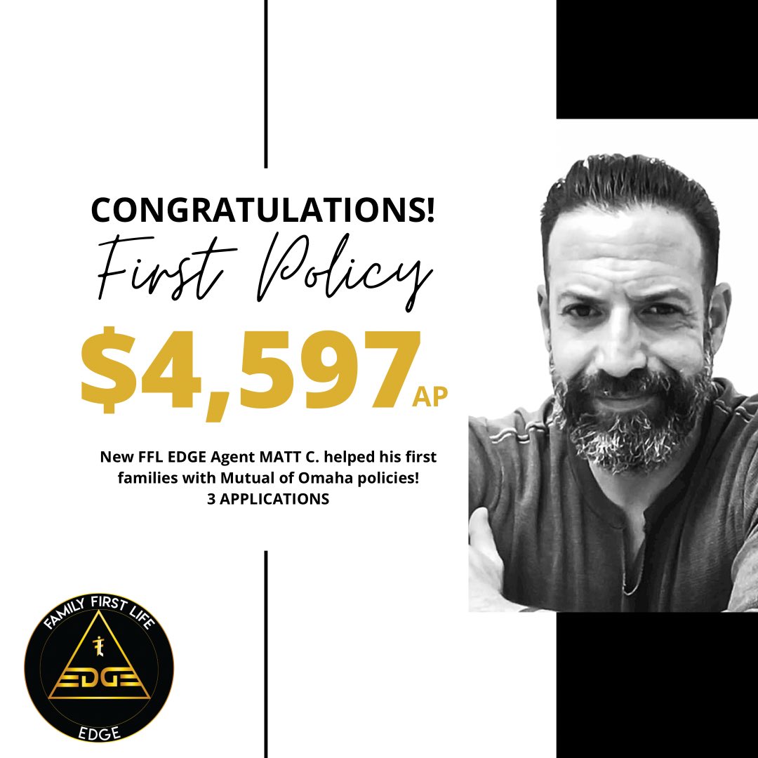 Congrats to new EDGE agent, Matt C.  He wrote 3 MOO applications for over $4,500 in premium!
#Congratulations #CareersthatMatter #JobSearch #insuranceagent #lovemyjob