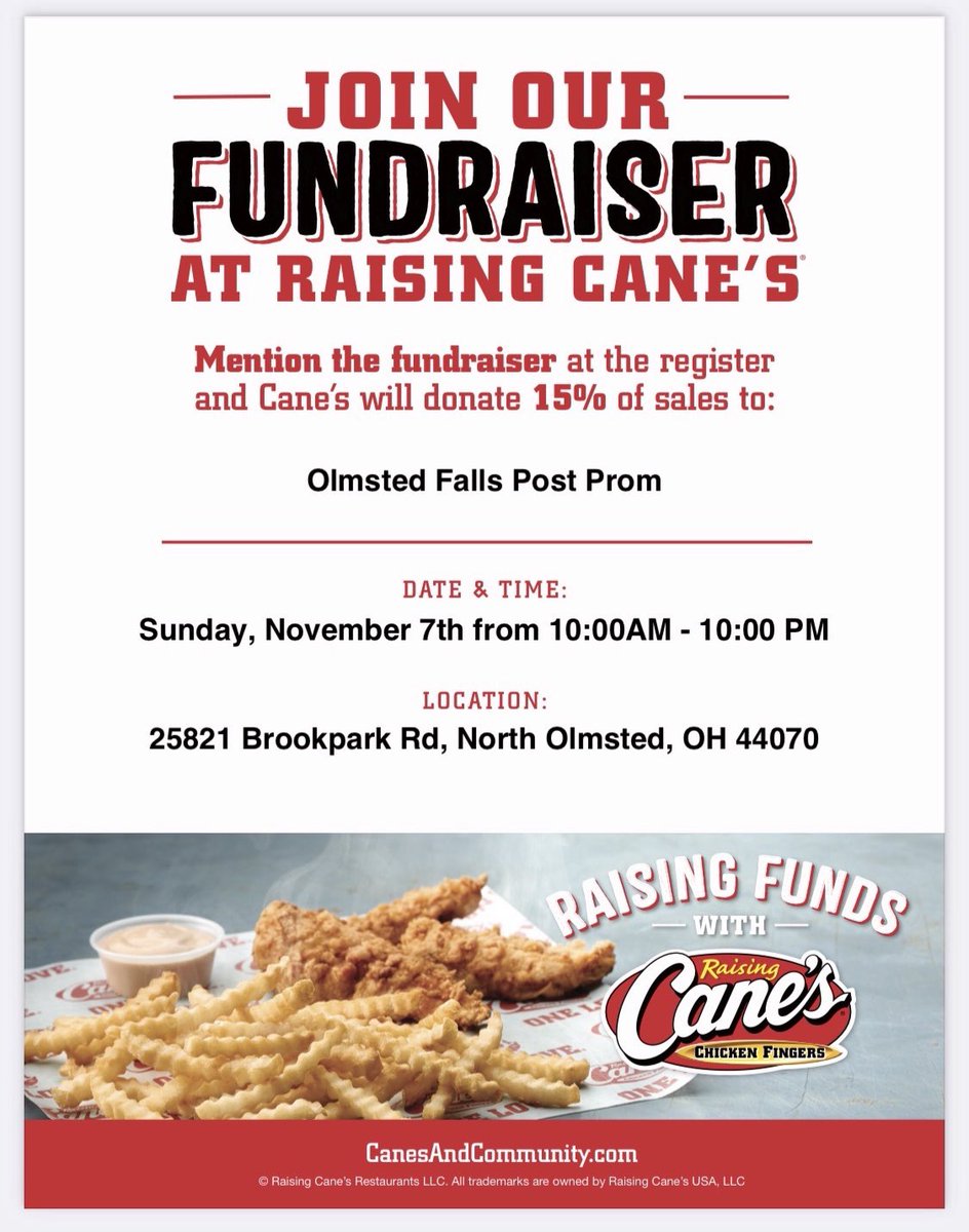 Don’t forget to get your Cane’s Sunday, Nov 7th &amp; mention this flyer!! This fundraiser supports 2022 Post Prom!! <a href="/OFHSLeoSpagnola/">Leo Spagnola</a> <a href="/OFCSDistrict/">OFCS District</a> <a href="/OFPTACouncil/">Olmsted Falls PTA Council</a> <a href="/ofhsambassadors/">OFHS Student Ambassadors</a> <a href="/of_bulldog/">OF Bulldog Power</a> <a href="/OFABoosters/">OF Boosters</a>