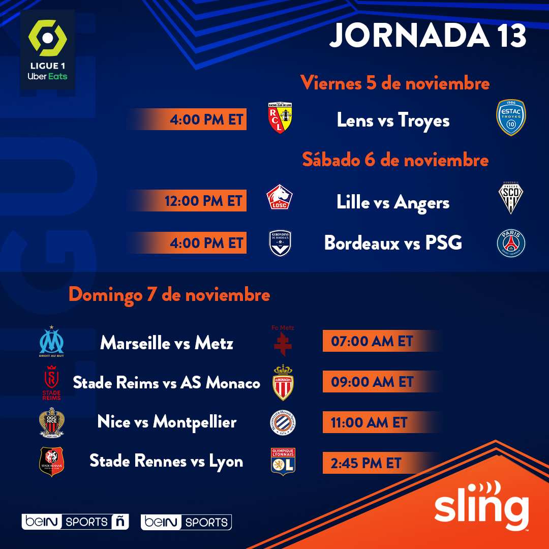 SlingDeportes's tweet photo. Disfruta un fin de semana a puro fútbol con la jornada 13 de la #Ligue1 en beIN SPORTS 🇫🇷⚽️🇫🇷 ¿Podrán descontarle puntos al @PSG_espanol? 
.
.
.
.
.
#beINSPORTSUSA #Ligue1 #PSG #Bordeaux #Lille #Marseille https://t.co/egR3XJQOZT