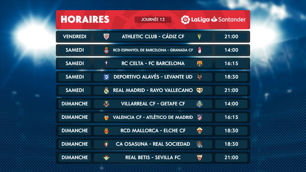 LaLigaFRA's tweet photo. 🥁📝 Le calendrier complet de la 13e journée de #LaLigaSantander ! 

🔜 #ElGranDerbi appproche 🔥⚽

💚@RealBetis_en 🆚 @SevillaFC_ENG  ❤

#LaLigaBroadcasters https://t.co/VJpmckn5Cl
