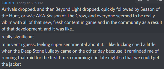 LaurinofEarth's tweet image. reminiscing about literally everything internally but EXTernally i'm reminiscing about #SeasonOfArrivals, Contact events, and esp the #DEEPSTONECRYPT raid, which i'll just summarize with a screenshots.
The narrative in #Destiny2 didn't gain consciousness till a yr ago and i'm..🥺
