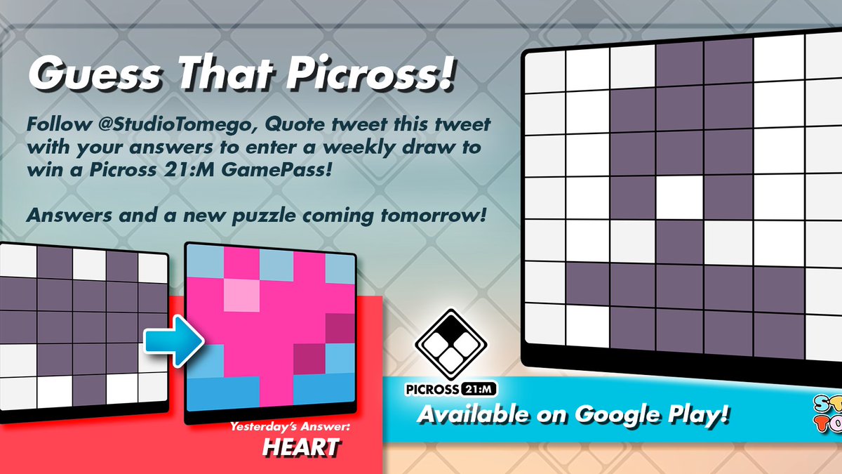 StudioTomego's tweet image. Did you guess the last 'Guess that Picross'? It was HEART💟♥️💟

If you missed the last round, don't sweat it! A new round and instructions in the img below! 

#indiedev #gamedev #fun #crossword

Picross 21:M
-Trailer: bit.ly/3pVsPRH
-Google Play: bit.ly/3muXDXw