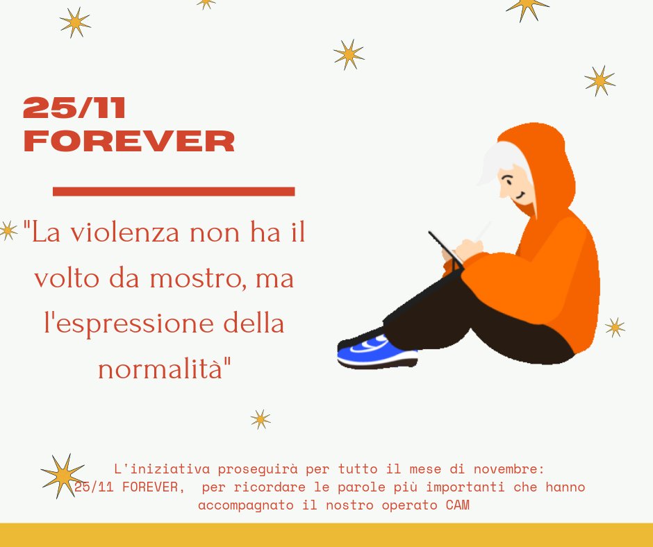 CamSardegna's tweet photo. "La violenza non ha il volto da mostro, ma l'espressione della normalità"
È la frase di oggi di 25/11 FOREVER.
La campagna è voluta dal CAM Sardegna per ricordare le frasi più importanti del nostro operato:
una frase al giorno per tutto il mese di novembre!
#25novembre #violenza https://t.co/krq5ZoB0f5