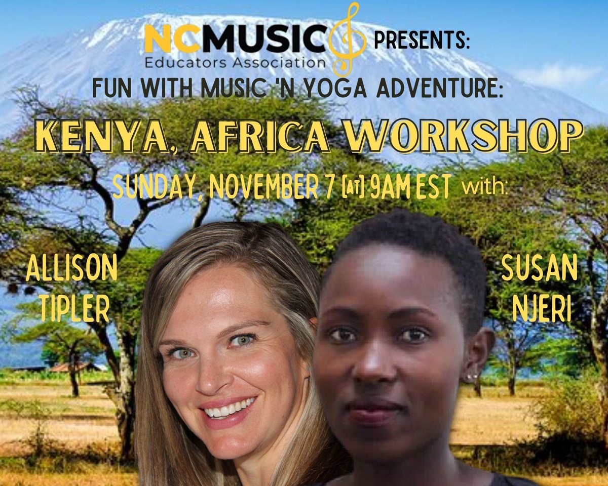 Funwithcomposer's tweet image. Allison and Susan will present an active workshop incorporating music and yoga on Sunday at @NCMEA Please wear comfortable clothes and be prepared to sing, move, play instruments, and do yoga. No prior yoga experience is required. #kenya #yoga #music #jambo #music  #ncmea50plus1