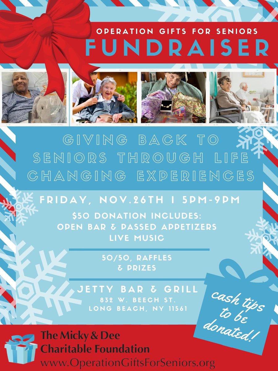 DonnaAnnJohnson's tweet photo. #SAVETHEDATE November 26 #JettyBar&Grill Join @GiftsSeniors The Micky & Dee Charitable Foundation -for its first Fundraiser, we can’t be more excited! Come enjoy #OpenBar #PassedHorderves #Raffles #GuestBartenders #LiveMusic from #NeutralCorners https://t.co/Zoyw6BRd0k