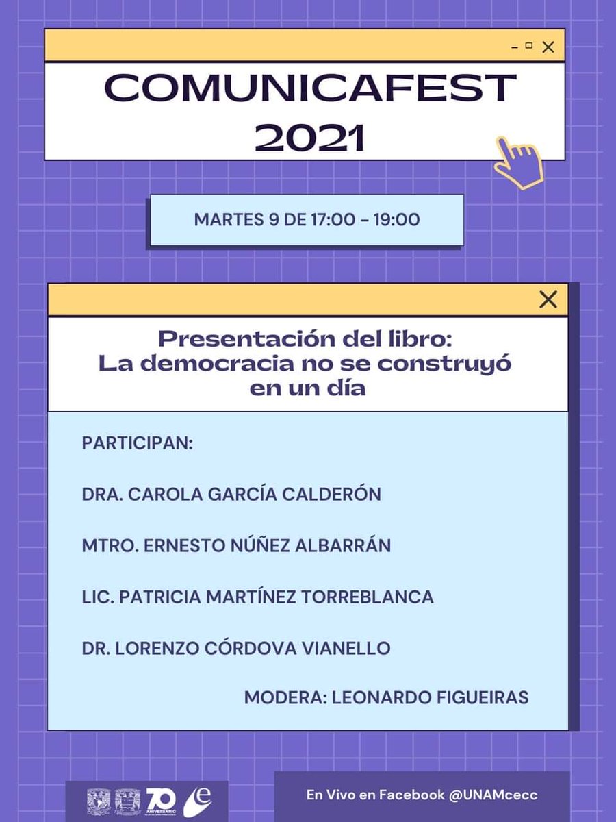 UNAM_FCPyS's tweet photo. Presentación del libro: La democracia no se construyó en un día
Transmisión https://t.co/jdR5GglD8d
@cecc_unam
|| #COMUNICAFEST #70AniversarioFCPyS #UNAM https://t.co/hjEKdEx2OL