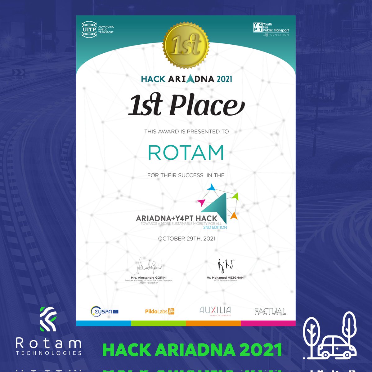 RotamFuel's tweet photo. We are so glad to be the winners of #HackAriadna 2021. 🎉
Thank you to all excellent mentors that helped us move another step forward with their feedback. Rotam will continue to work on solutions to help the world improve and support a sustainable mobility.
#y4pthackathon https://t.co/ejS9MWQg51