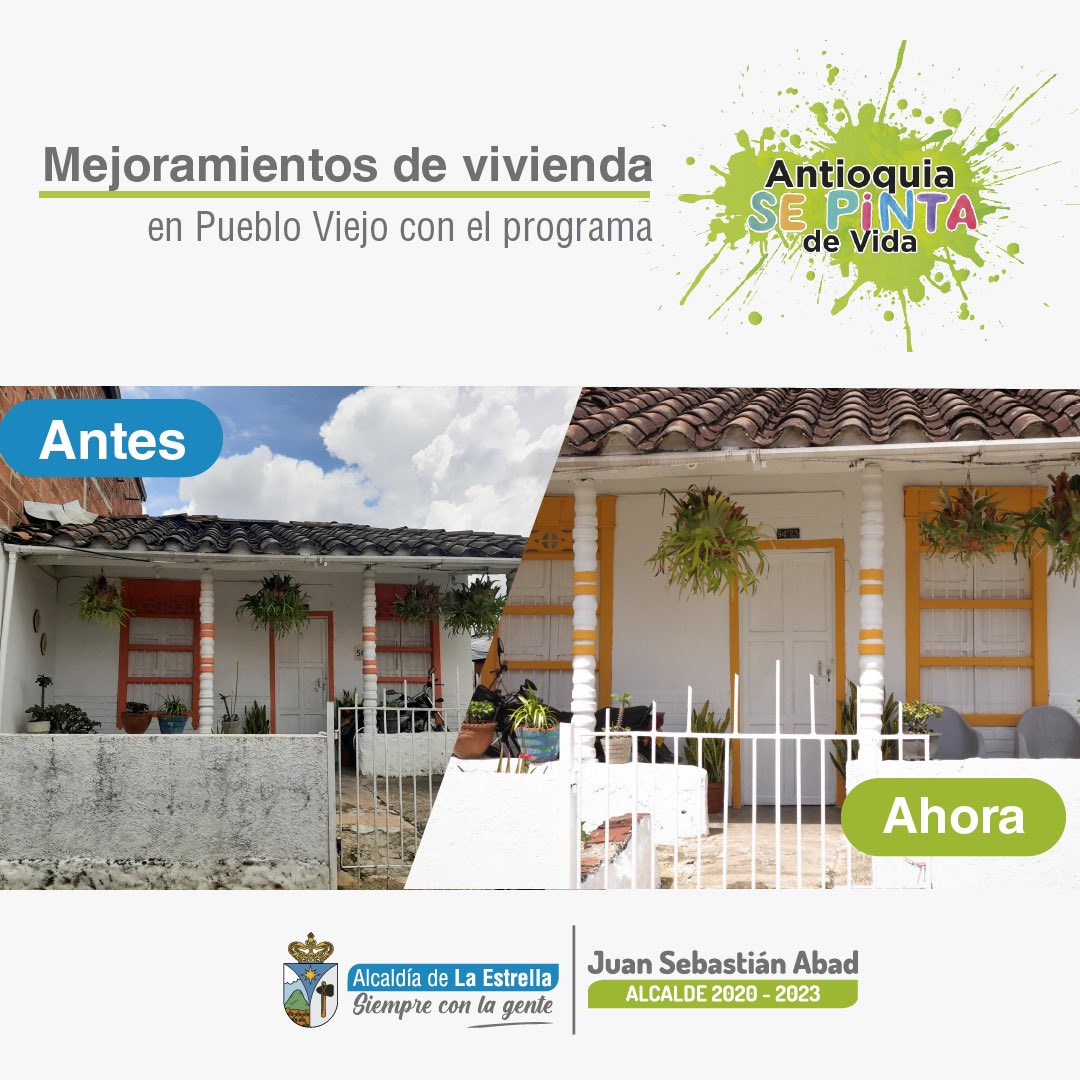AlcaldEstrella's tweet photo. Transformamos la vida de muchas familias 👨👩👧👦 en Pueblo Viejo, dignificamos sus viviendas gracias al programa #AntioquiaSePintaDeVida 🤍 y ver los resultados del trabajo con la comunidad nos llena de felicidad. #SepBIO 🍃 le apunta a generar espacios llenos de color y vida. 🎨 https://t.co/YCz7EJfPBE