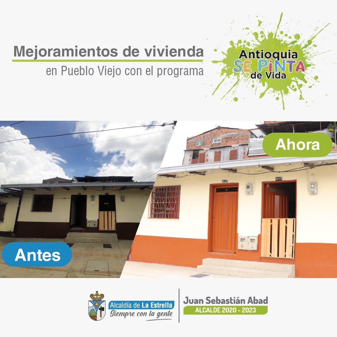 AlcaldEstrella's tweet photo. Transformamos la vida de muchas familias 👨👩👧👦 en Pueblo Viejo, dignificamos sus viviendas gracias al programa #AntioquiaSePintaDeVida 🤍 y ver los resultados del trabajo con la comunidad nos llena de felicidad. #SepBIO 🍃 le apunta a generar espacios llenos de color y vida. 🎨 https://t.co/YCz7EJfPBE