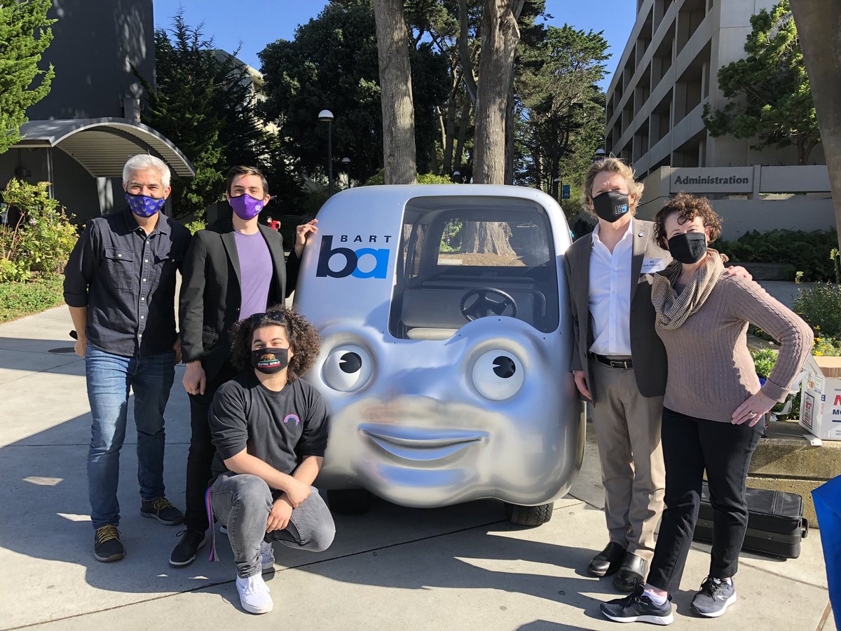 joshuarudyochoa's tweet photo. Thank you so much to @SFBART for visiting @SFSU with the BARTmobile! It was such an awesome experience for transit nerds like @iamjamesaguilar and myself! Students need access to safe, reliable, &amp; equitable public transit, and I know we’ll continue to make BART better together!🐊 https://t.co/Zxyq5sYABh